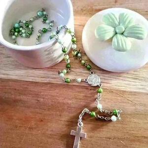 Catholic rosary, ceramic jewellery box,green glass beaded  baptism, communion,